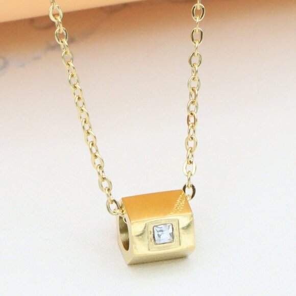 Minimal Gold Plated Cube Pendant Necklace on Fine Yellow Chain, XPNL0319 - Picture 1 of 13